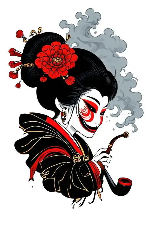 Geisha Smoking A Pipe Surrounded By Smoke And In The Smoke Is A Hannya Mask