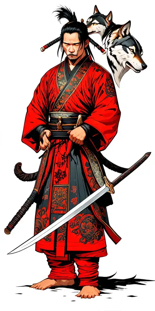 A Ronin At Night Surrounded By Wolves As He Holds A Kunai