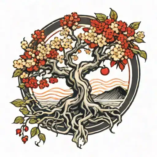 Cherry Tree With Roots On Top Of Red Cyrcle