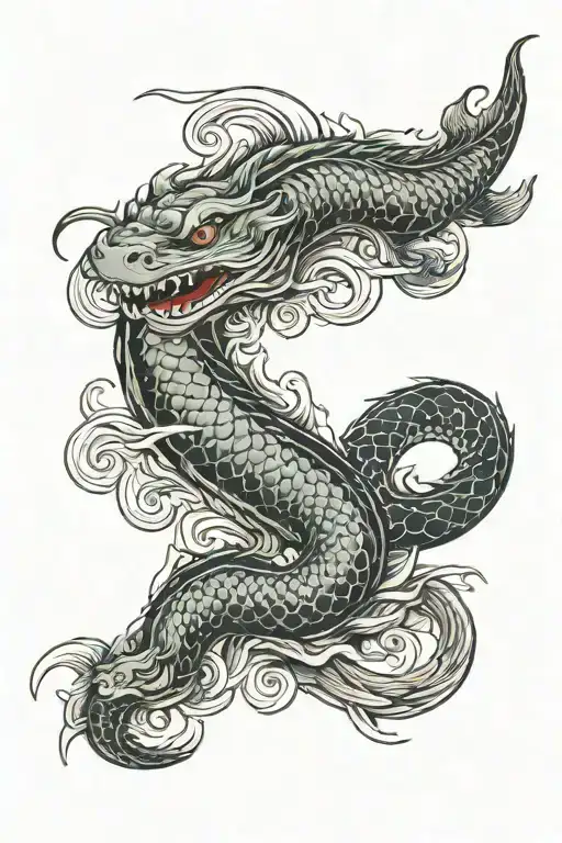 Dragon Snake Intertwined Chasing Koi Fish Swimming