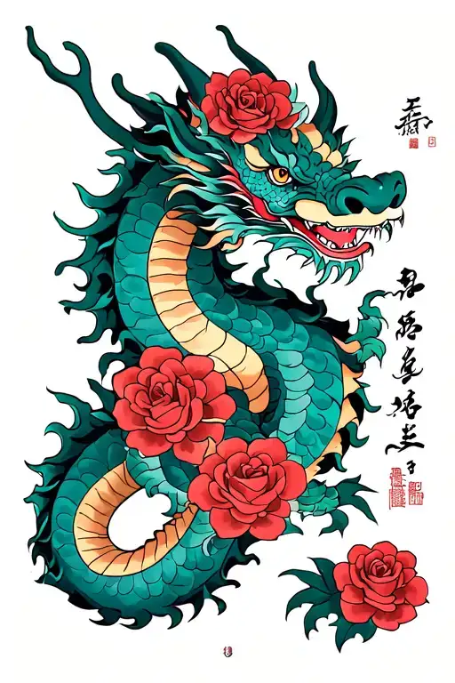 Chinese Dragon With Roses 5 Names Written