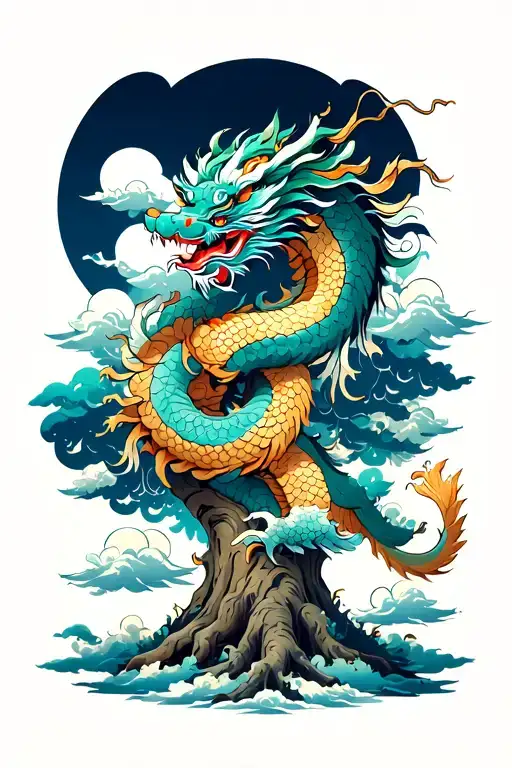 Chinese Dragon Wrapped Around A Big Oak Tree Surrounded By Clouds