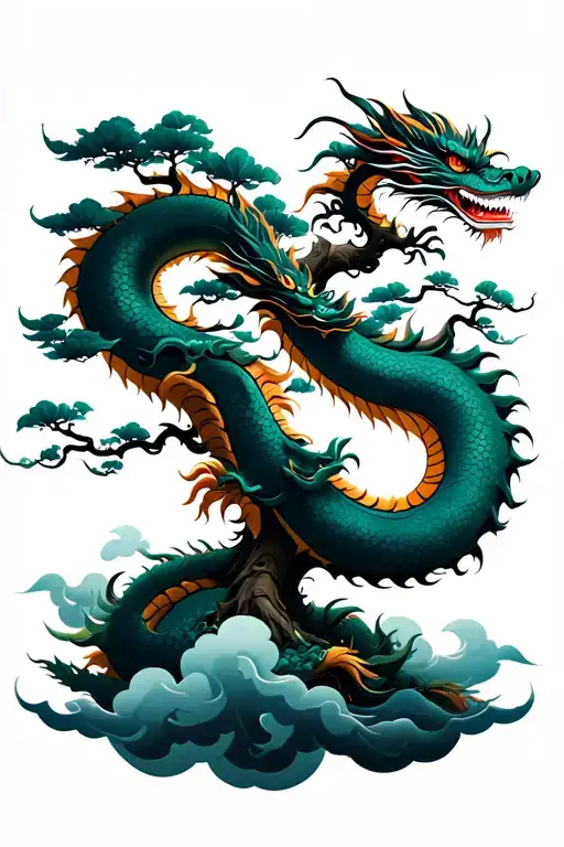 Chinese Dragon Wrapped Around A Big Bonsai Tree Surrounded By Clouds
