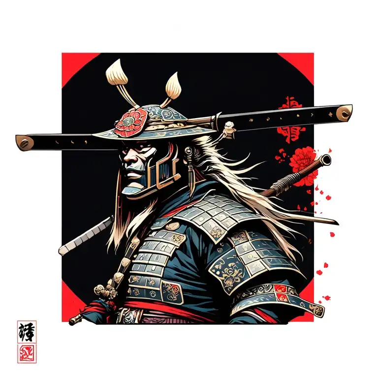 Japanese Sign For Samurai With Cyberpunk Art Around It