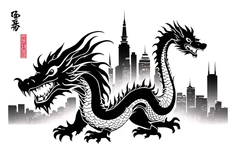 Dragon In Asian City Skyline In The Background