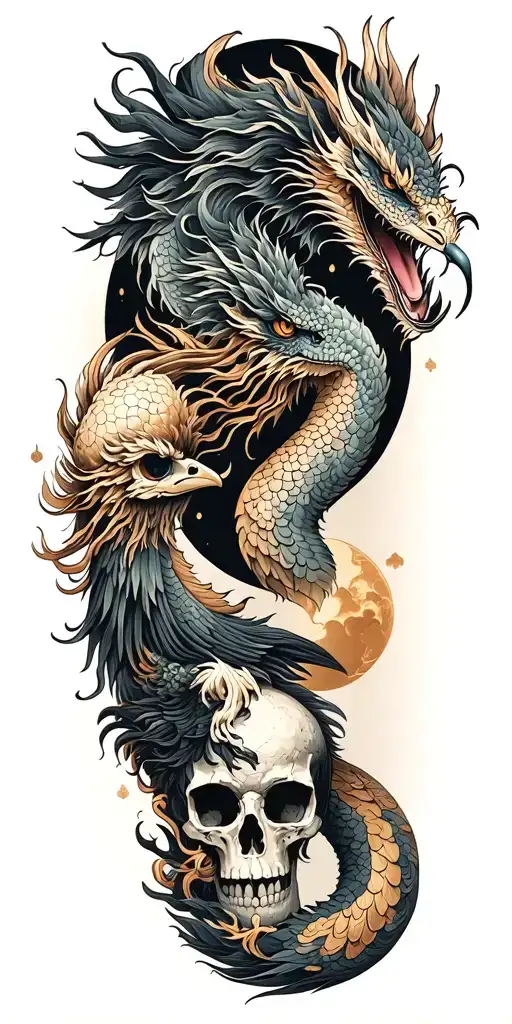 Chinese Dragon And Phoenix And Skull And Moon And Raven