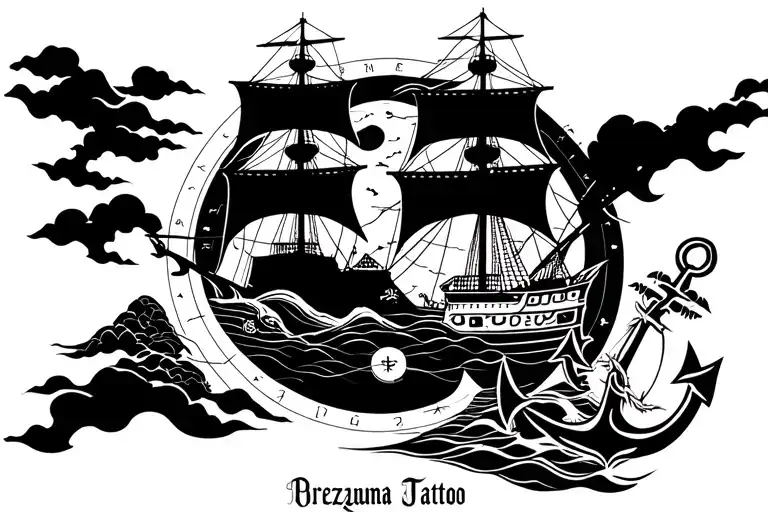 The Ship Against The Background Of The Moon Below With The Map Of The Wind Rose And The Anchor