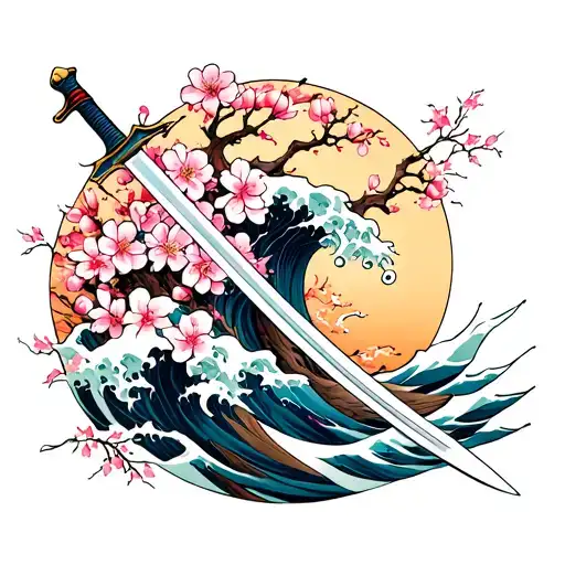Wave Of Swords Turning Into Japanese Cherry Blossoms