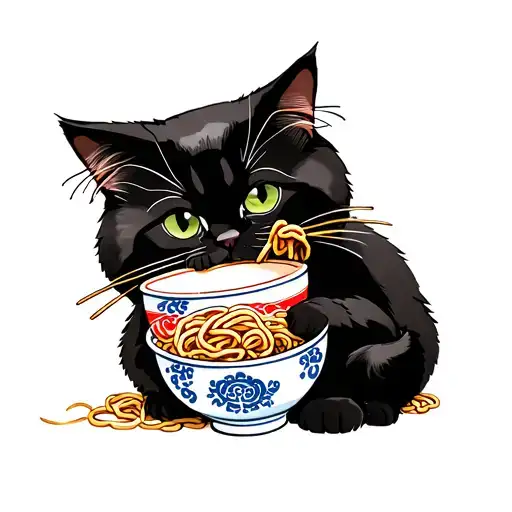 Black Persian Cat Eating Ramen