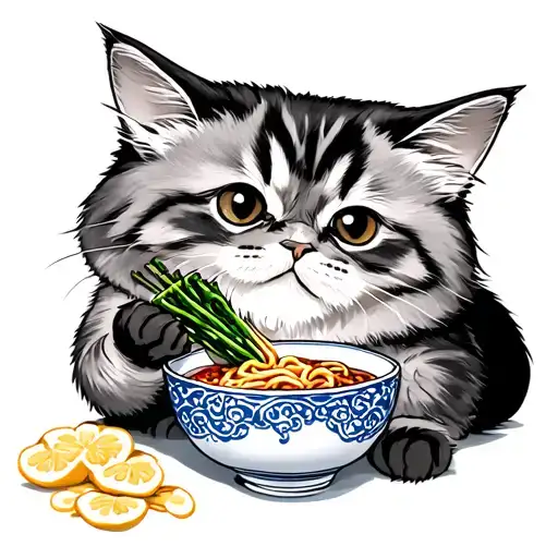 Black Grey Persian Cat Eating Ramen