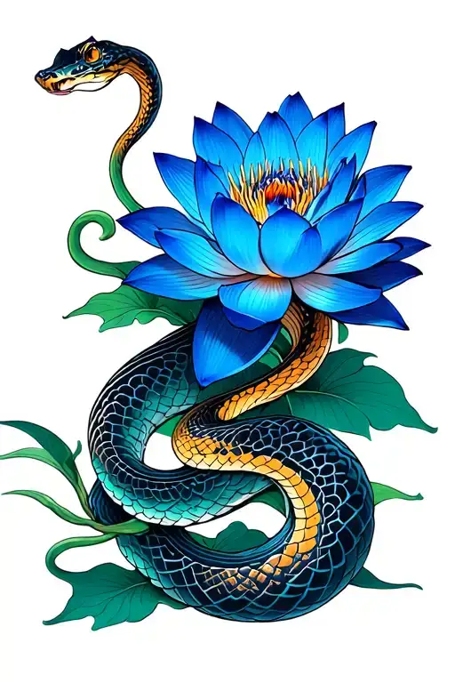Snake And Blue Lotus Flower Surrounded