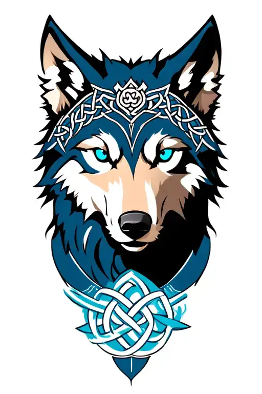 Wolf With Blue Eyes On Armor Tattoo Design Featuring Celtic Trinity Knot