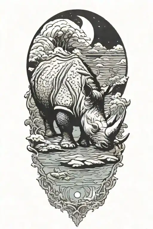 Rhinocerous With Moon Back Ground Reflecting Into A Pool Of Water