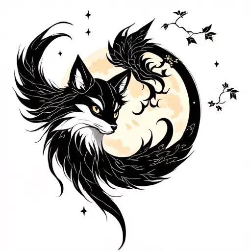 Nine Tailed Fox With Falling Sakura Leaves Full Moon And Stars