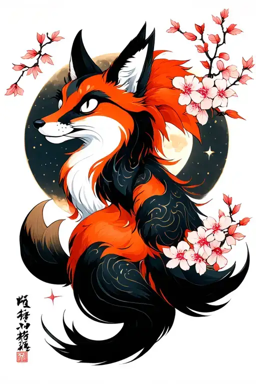 Nine Tailed Fox With Falling Sakura Leaves Full Moon And Stars