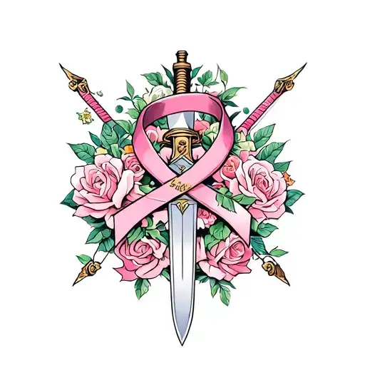 Breast Cancer Ribbon With A Sword Going Through It With Roses Surrounding