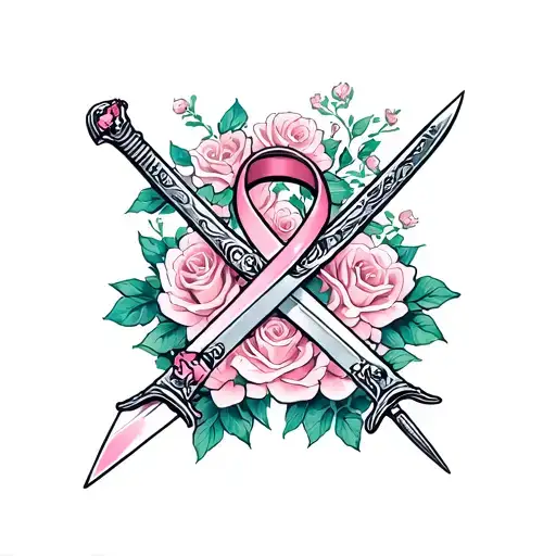 Breast Cancer Ribbon With A Sword Going Through It With Roses Surrounding
