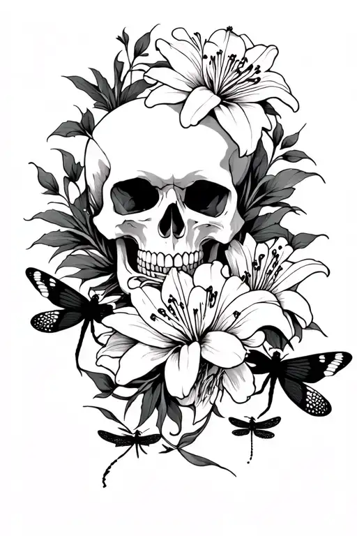 Skull With Spider Lilies And Dragonflys