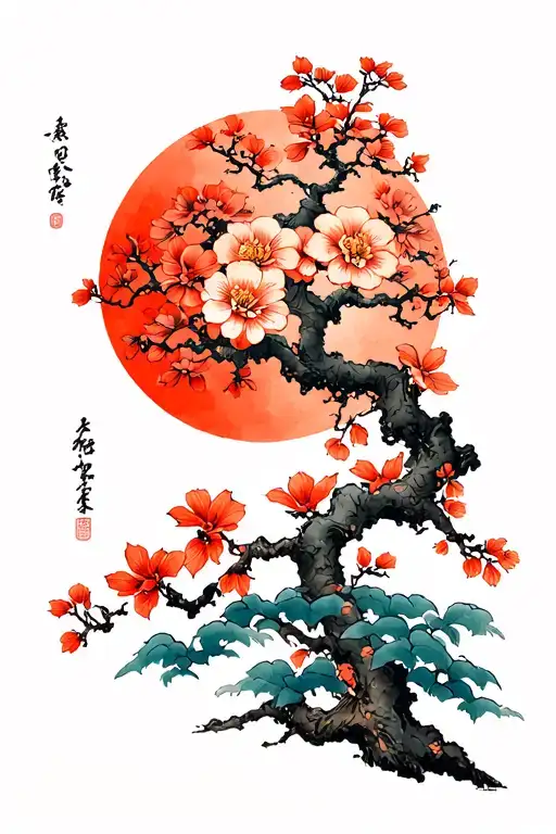 Bonsia Tree Will Blooming With Circle Stroke Behind