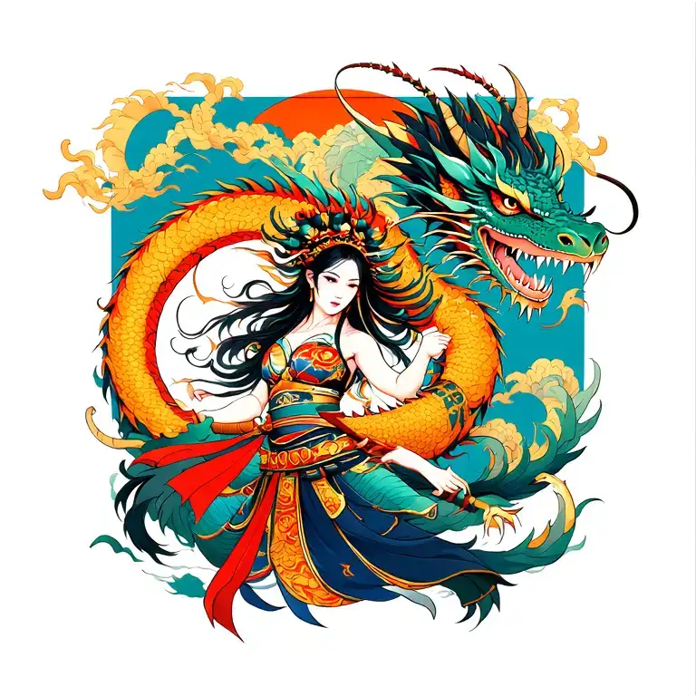 Japanese Virgo Zodiac Sign Warrior Woman Battling A Dragon