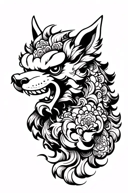 Foo Dog Head But Bro Irezumi Style In Black And White