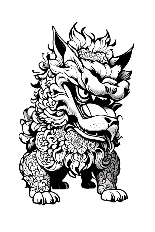 Foo Dog Head But Bro Irezumi Style In Black And White Make It Symmetrical
