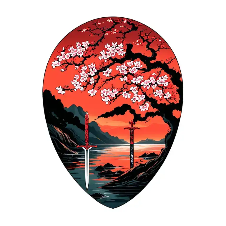Cherry Blossom Tree On Flowing River Side With Sword In The Ground