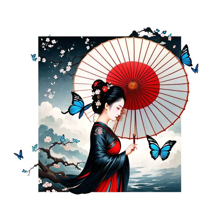 Red Chinese Umbrella And Silver Butterflies Flying