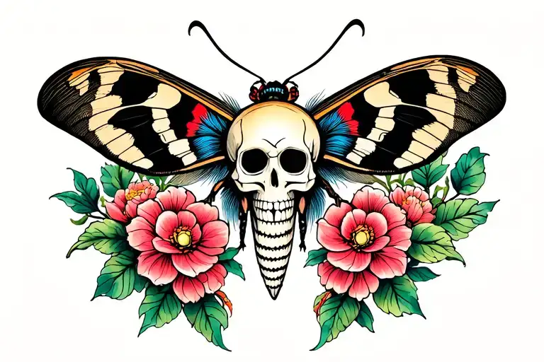 Moth With Skull And Old School Flower Blooming
