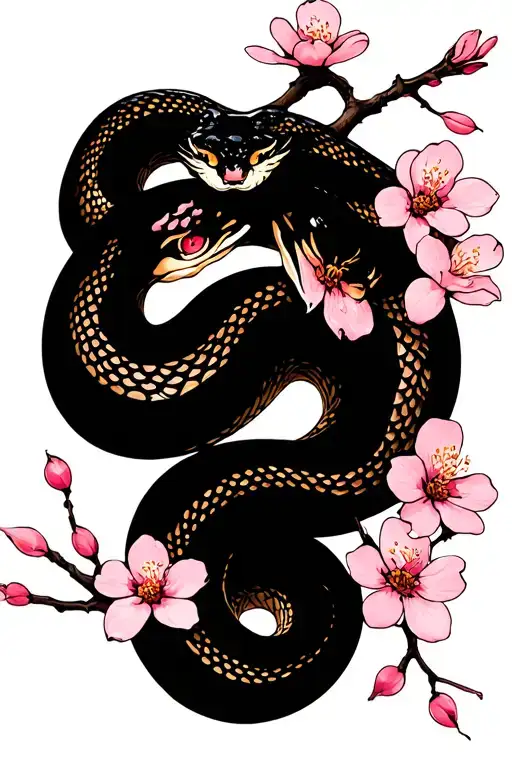 Snake Wrapped Around A Cherry Blossom Flowers