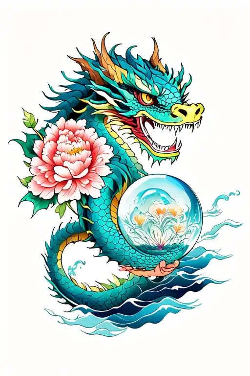 Dragon Holding Crystal Ball With Peonies And Water Waves