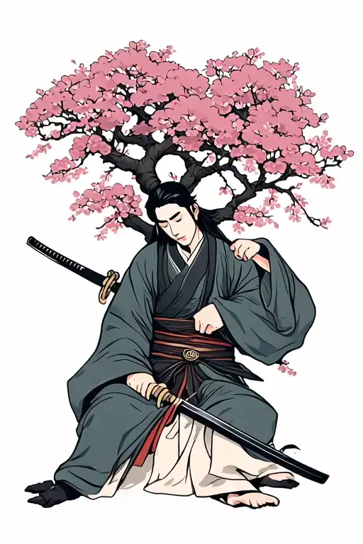 Sleeping Ronin With Katana Under A Large Pink Cherry Blossom Tree