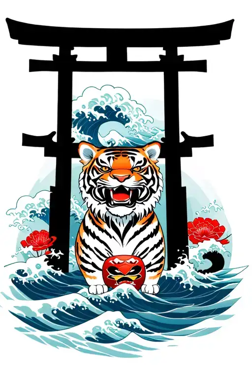 Tori Gate With Tiger And Japanese Water Wave And Daruma Doll Inside
