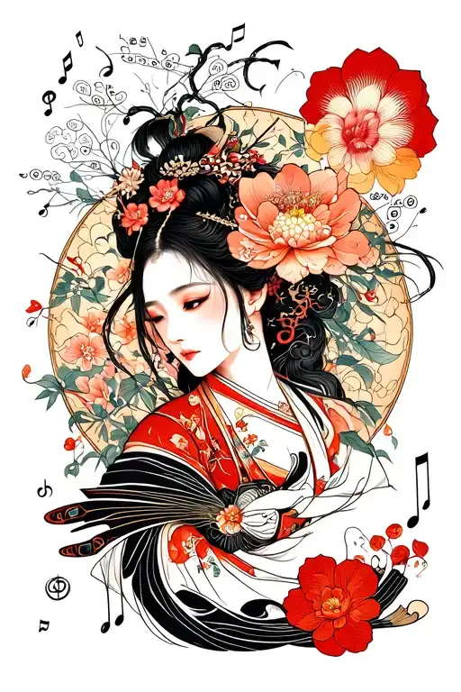 Japanese Style Tattoo Combined With Maths And Music