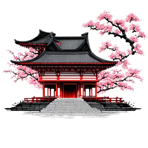 Japanese Temple Surrounded By Cherry