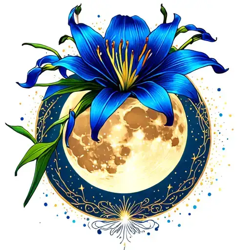 Blue Spider Lilly And A Golden Full Moon With Sparkles Around It