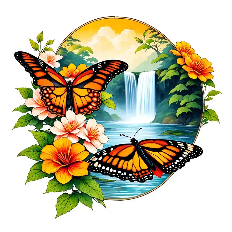 Butterfly's With Waterfall And Flowers In The Background