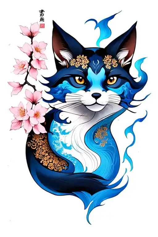 Blue Flame Kitsune And Cherry Blossoms Falling