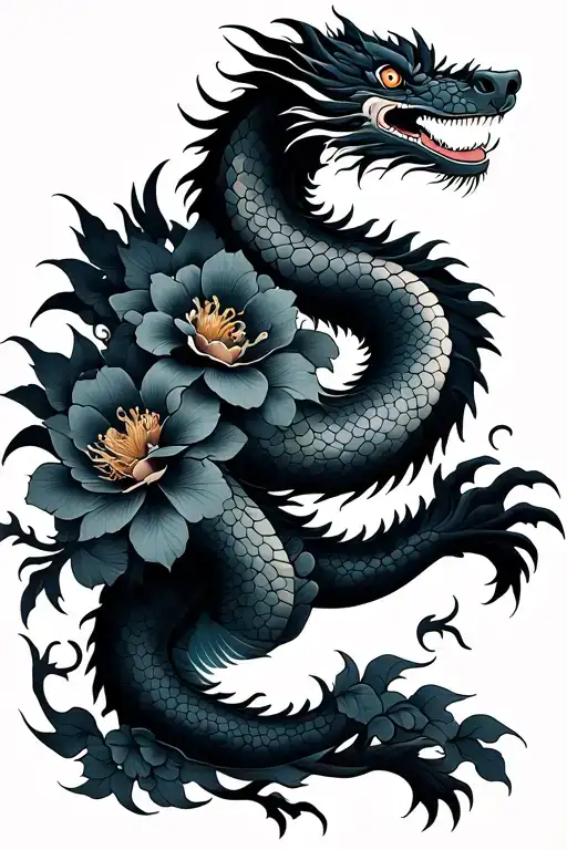 Japanese Dragon With Flowers