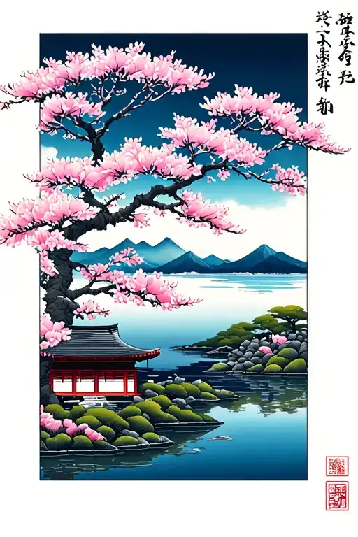 Cherry Blossom Tree And Dojo With Mountains In The Background And Lake In The Foreground