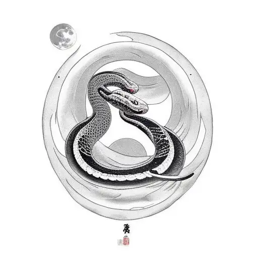 Black Snake And A White Snake Circling The Moon