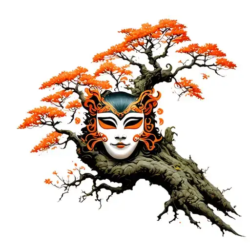 Half Of Hann's Mask Lies On A Branch Of A Tree Growing From A Stone