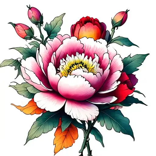 Peony Japanese Flowers Blooming With Pinks Reds Purple And Yellow