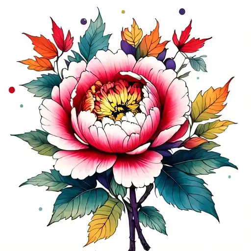 Small Peony Japanese Flower With Pinks Reds Purple And Yellow With Fall Leaves For Wrist