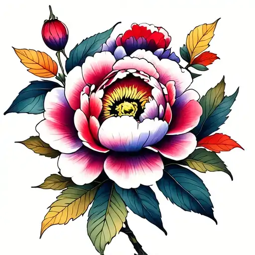Small Japanese Style Peony Flower With Pinks Reds Purple And Yellow With Fall Leaves