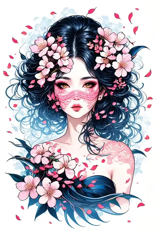 Sexy Female Face Covered In Blossom Petals Falling