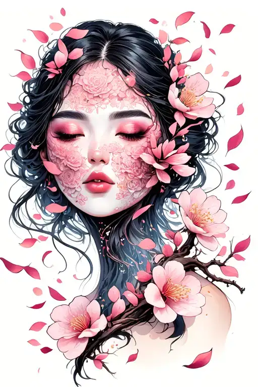 Sexy Female Face Covered In Blossom Petals Falling