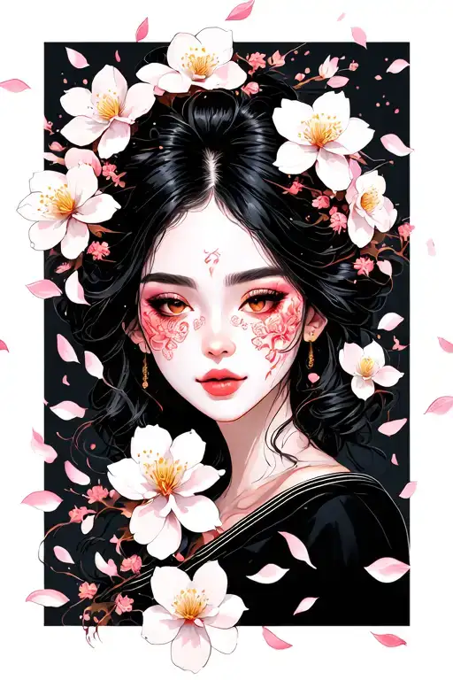 Sexy Female Face Covered In Blossom Petals Falling