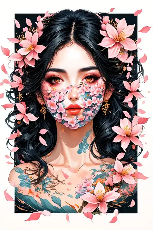 Sexy Female Face Covered In Blossom Petals Falling
