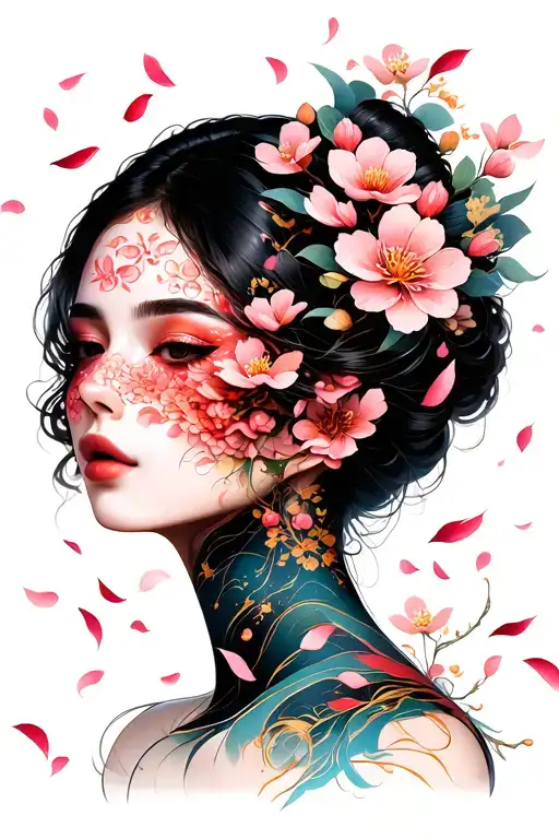 Sexy Female Face Covered In Blossom Petals Falling